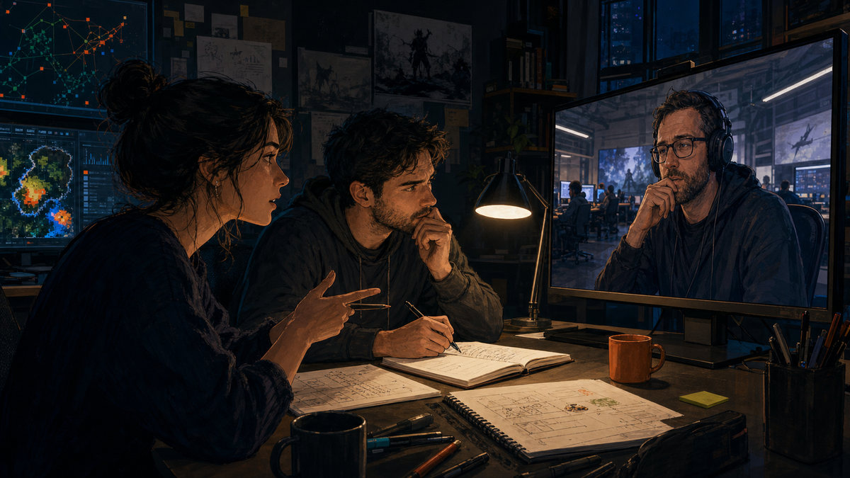 Illustration of two people at a desk talking with a developer over video, working through a decision on paper while telemetry and map screens sit behind them.