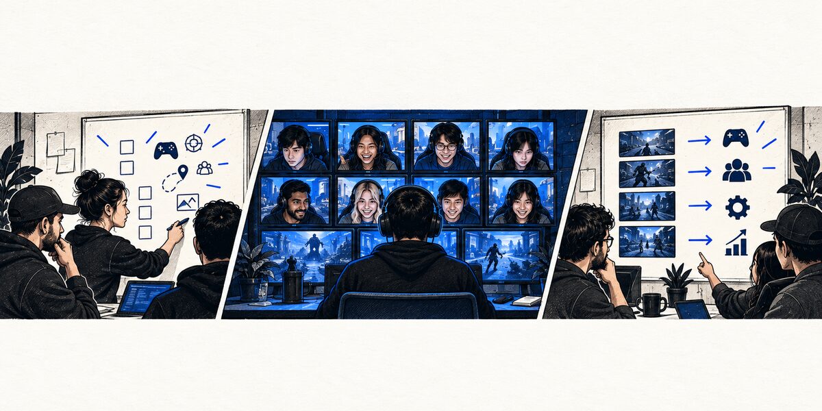Three-part concept illustration showing a studio naming a build decision, players joining a live multiplayer session, and the studio using session evidence to decide the next build change.