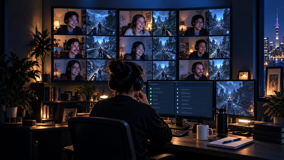 Concept illustration of a Playtest Live operator coordinating a live multiplayer session with players joining from homes across the OCE and APAC region.