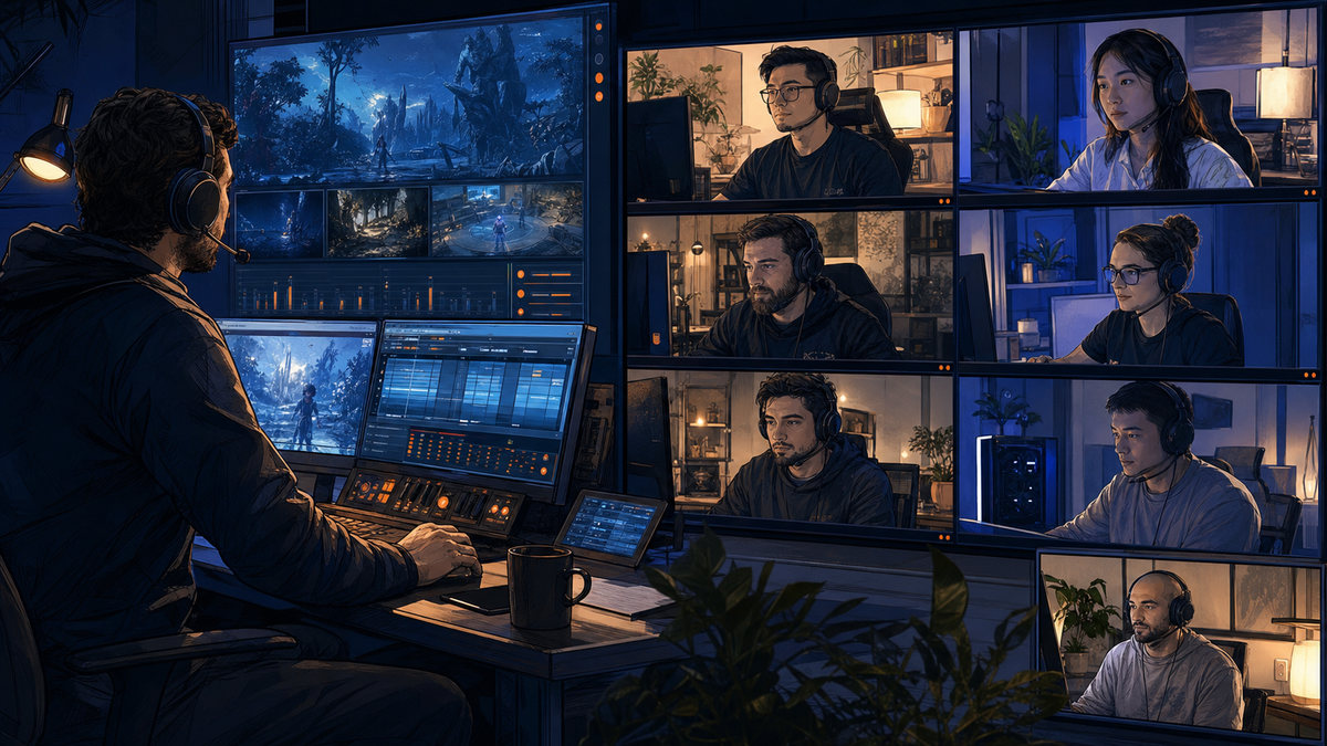 Illustration of an Operator at a console watching a live session while eight Players join from their own homes.